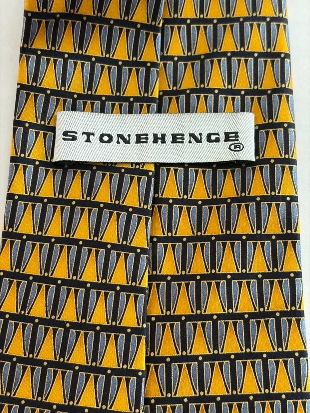 Stonehenge Silk Tie USA Flag Geometric Gold Navy Designer Necktie
